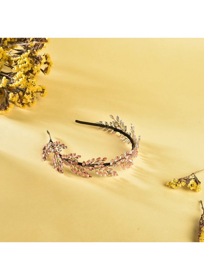 Vogue Hair Accessories - Metal Handmade Crystal Leaf Fancy Party Hairband For Girls And Women (Rose Gold) - Image 1