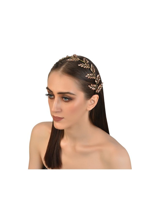 Vogue Hair Accessories - Metal Handmade Crystal Leaf Fancy Party Hairband For Girls And Women (Rose Gold) - Image 1