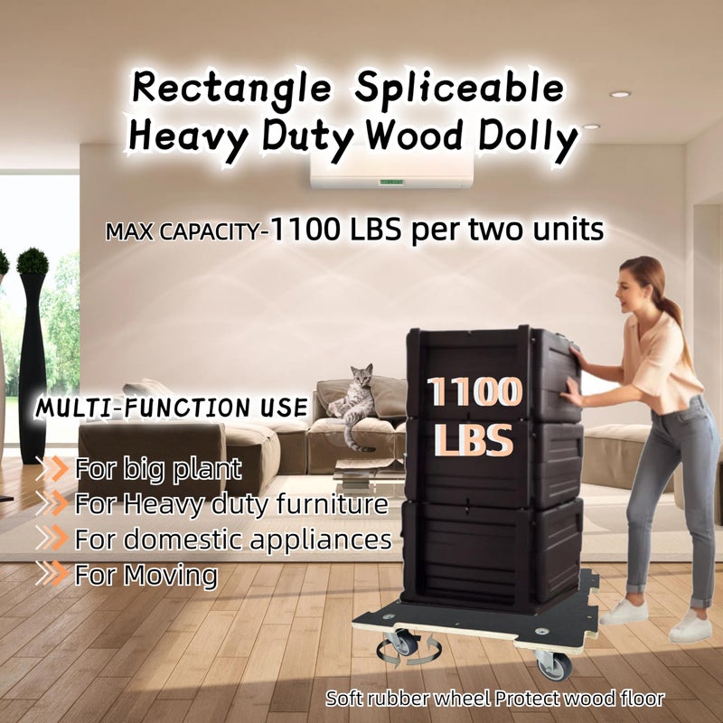 HBFBDRCT Furniture Dolly 4 Wheels Heavy Duty Spliceable Wood Platform Dolly 2 Pack, 1100 lbs Load Capacity Wood Pallet Jack, Furniture Moving Wooden Appliance Mover with 4 Soft Rubber Silent Wheels - Image 2