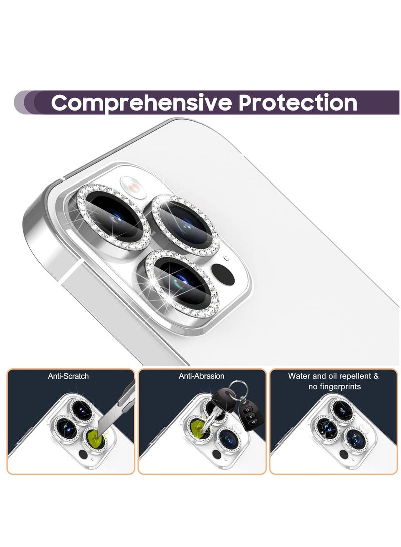 Camera Lens Protector, Set with Diamonds Bling Camera Cover Tempered Glass for iPhone 14 Pro Max /14 Pro [Perfectly Fit] - Diamond Silver - Image 4