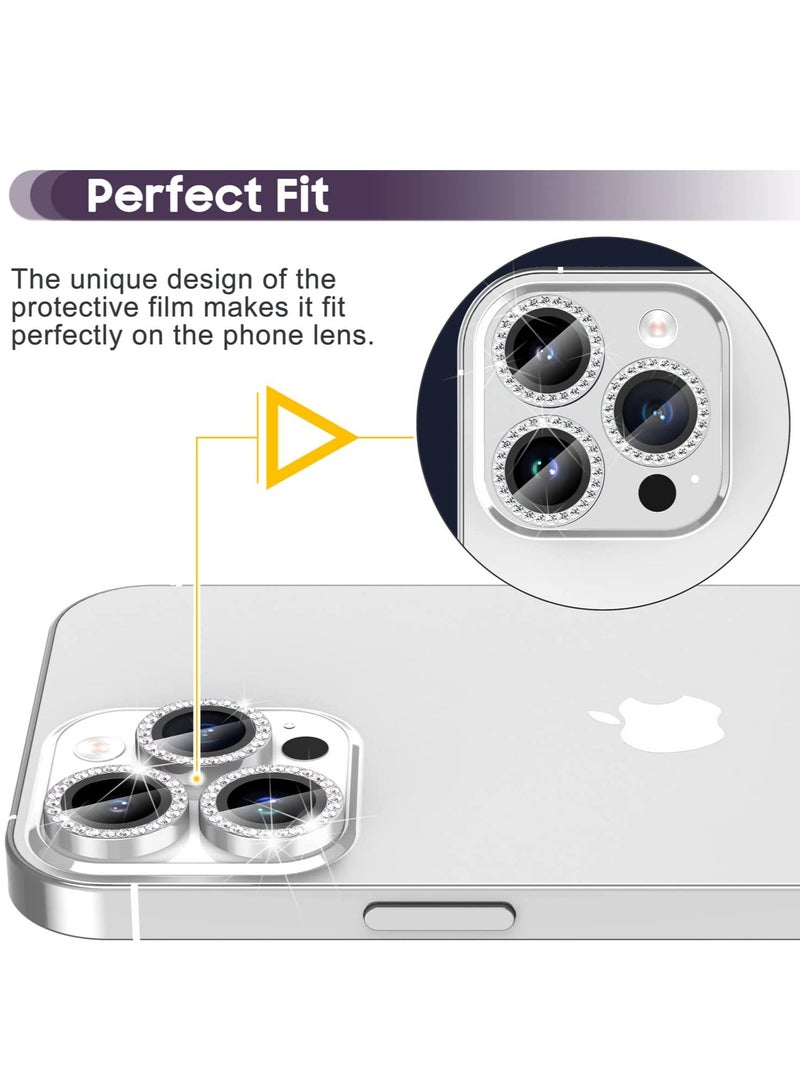 Camera Lens Protector, Set with Diamonds Bling Camera Cover Tempered Glass for iPhone 14 Pro Max /14 Pro [Perfectly Fit] - Diamond Silver - Image 5