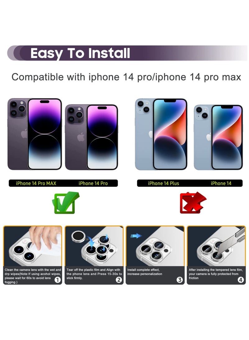 Camera Lens Protector, Set with Diamonds Bling Camera Cover Tempered Glass for iPhone 14 Pro Max /14 Pro [Perfectly Fit] - Diamond Silver - Image 2