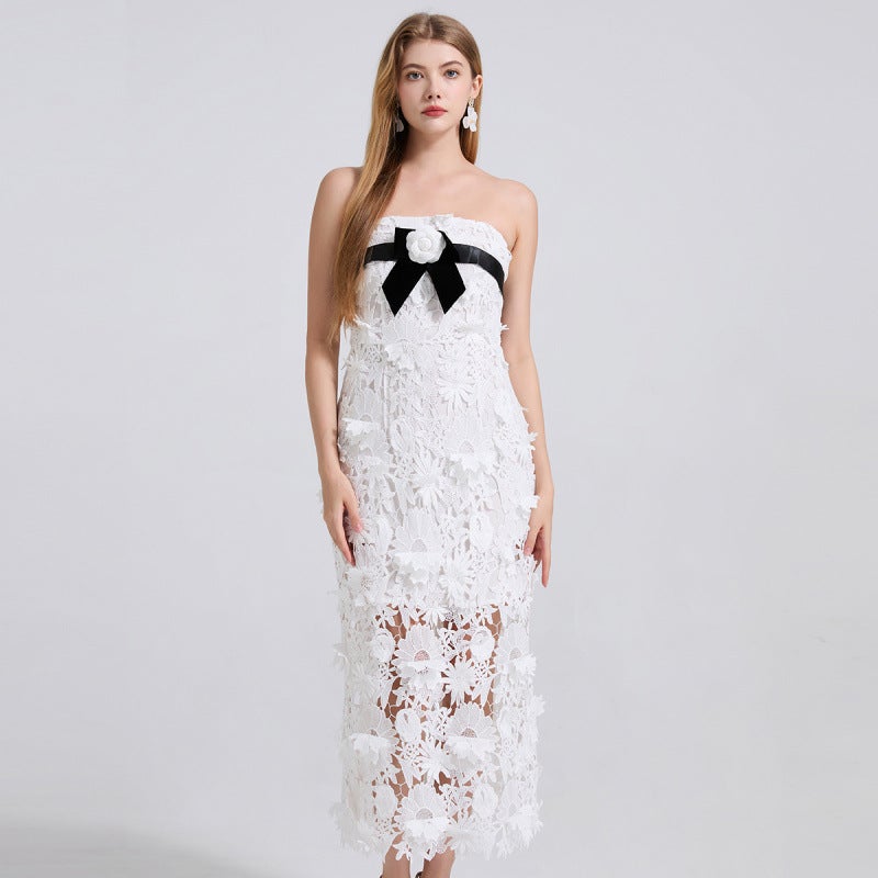 Women's White Lace Strapless Bodycon Maxi Dress with 3D Floral Embroidery - Image 1