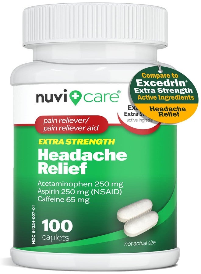 NUVICARE Headache Relief with Acetaminophen 250 mg, Aspirin (NSAID 250 mg, Caffeine 65 mg - Temporary Relief of Minor Aches & Pains - Compare to Excedrin Extra Strength Pain Reliever (100 Caplets - Image 1