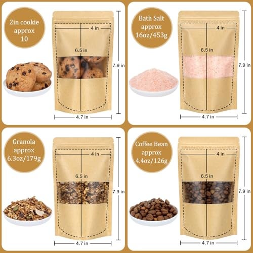 Blisstime Stand Up Pouches, 50 Pack Kraft Paper Bags with Matte Window and Tear Notch Resealable Bags for Small Business Home Use (4.7 X 7.9 Inches) - Image 3