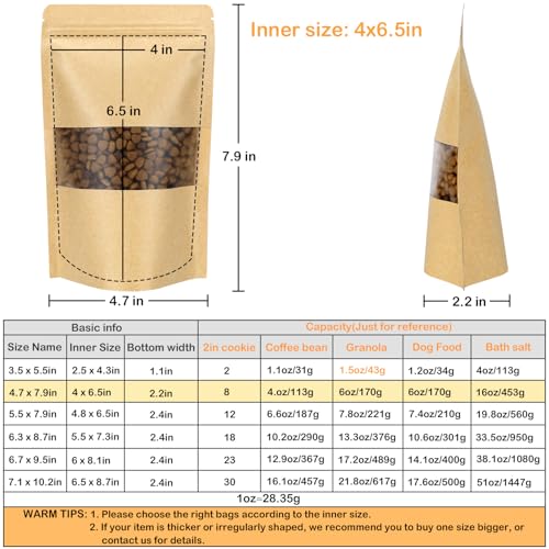 Blisstime Stand Up Pouches, 50 Pack Kraft Paper Bags with Matte Window and Tear Notch Resealable Bags for Small Business Home Use (4.7 X 7.9 Inches) - Image 2
