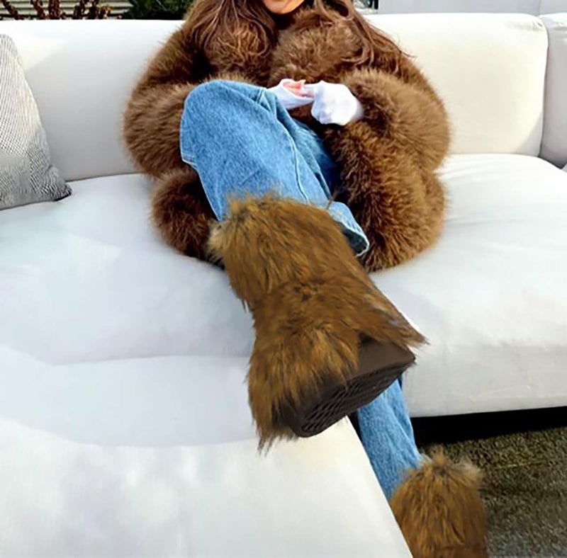 Wnshonzy Fur Boots for Women Furry Fuzzy Brown Y2k Fluffy Platform Flat Mini Boot Snow Winter Round Toe Comfortable Mid-Calf Short Ankle Classic Warm Outdoor 2025 - Image 2