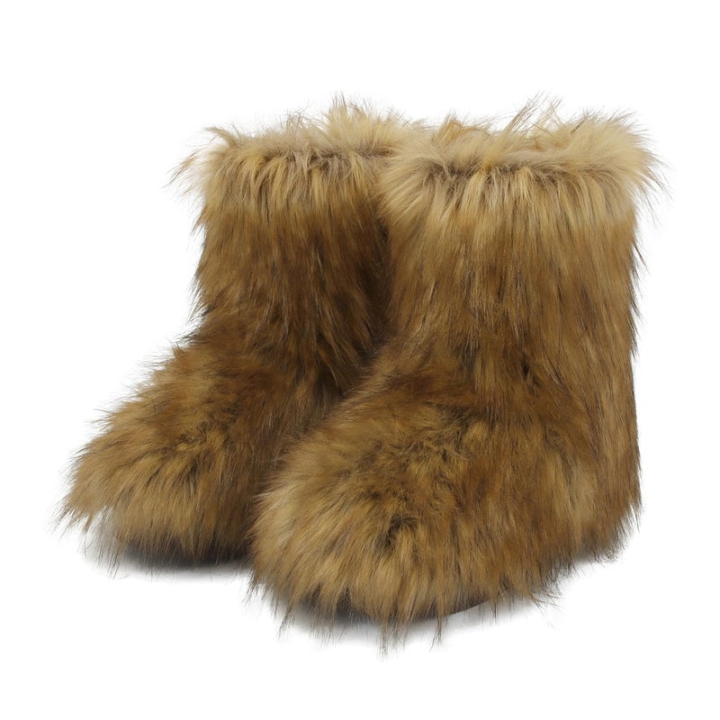 Wnshonzy Fur Boots for Women Furry Fuzzy Brown Y2k Fluffy Platform Flat Mini Boot Snow Winter Round Toe Comfortable Mid-Calf Short Ankle Classic Warm Outdoor 2025 - Image 1