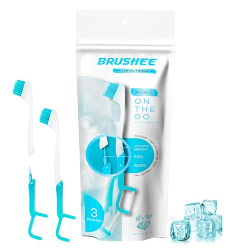Brushee تطور العناية بالفم والتبييض | فرشاة أسنان تبييض جاهزة للاستخدام أثناء التنقل | 4 في 1 (معجون + فرشاة + خيط + ملقط) | مغلفة بشكل فردي | قابلة للتخلص | فرشاة أسنان للسفر - (عبوة 3)  - Image 1