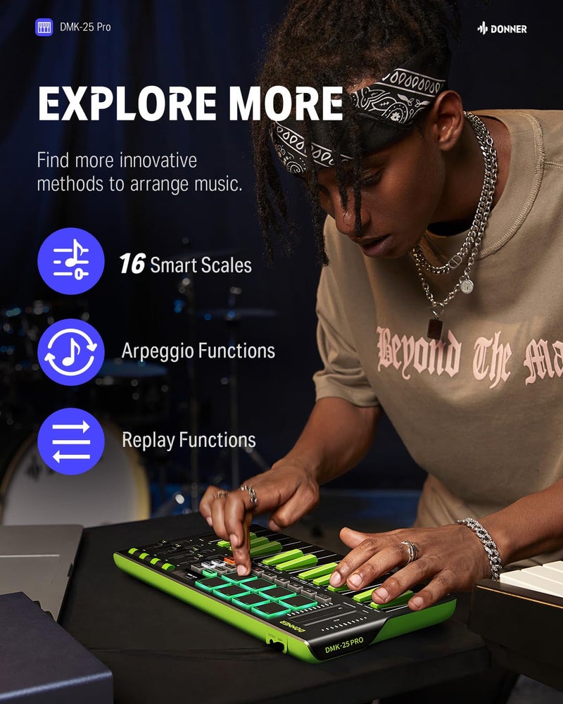 Donner DMK25 Pro MIDI Keyboard Controller, 25 Mini Key Portable USB-C MIDI Controller with 8 Drum Pads, OLED Display, Personalized Touch Bar, Music Production Software and 40 Teaching Courses, Green - Image 3
