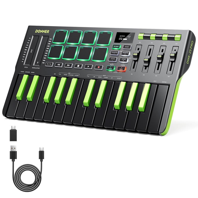 Donner DMK25 Pro MIDI Keyboard Controller, 25 Mini Key Portable USB-C MIDI Controller with 8 Drum Pads, OLED Display, Personalized Touch Bar, Music Production Software and 40 Teaching Courses, Green - Image 1