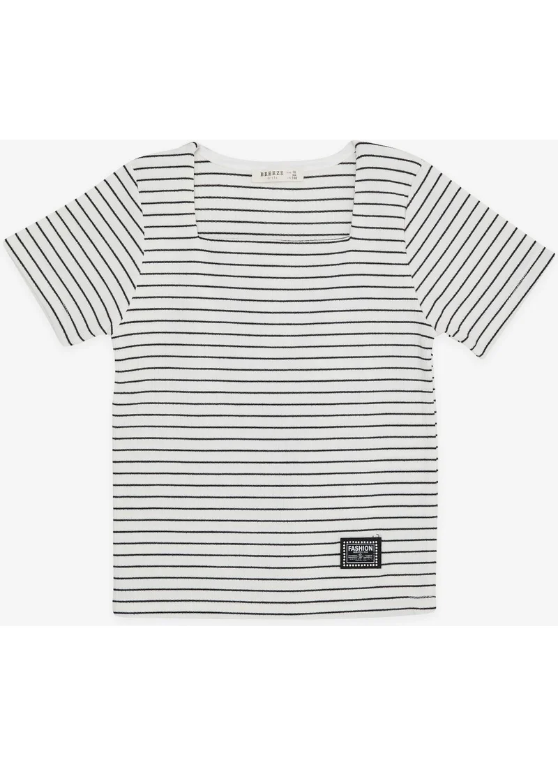 بريز Girl's T-Shirt Striped Square Neck Embroidered Ecru (Ages 9-14)