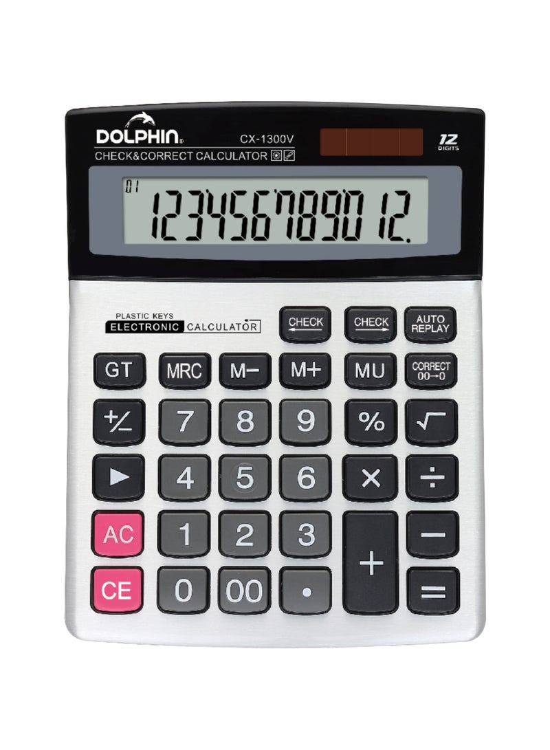 Dolphin Desktop Calculator CX-1300V, 12-Digit Large Display, Dual Power, Tilted Screen - Image 1