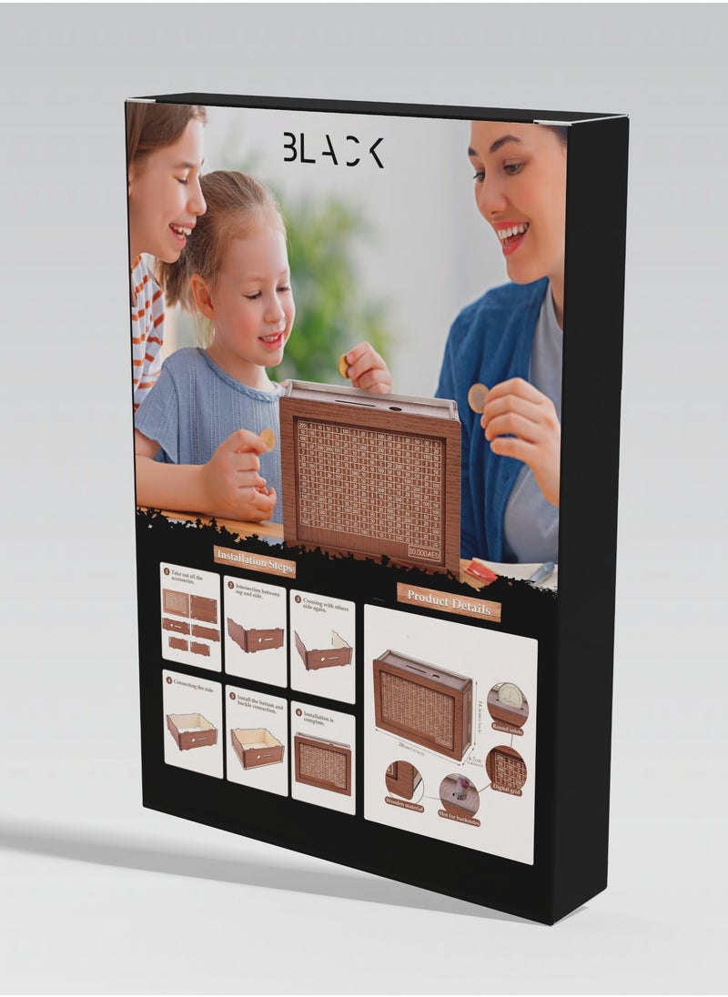Black - Savings Challenge, Wooden Money Box, Coin Saving Box for Kids and Adults, Saving Wallet Starting from AED 500 to AED 10,000, Stylish Design Money Organizer - Image 1