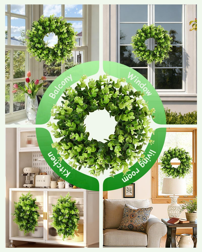 Vlorart 2Pcs Small Boxwood Wreath for Front Door, 11 Inch Wreath with Flower Buds Boxwood Wreaths Weatherproof, Spring Summer Mini Wreaths for Cabinets, Candle Garland for Table Window Indoor Outdoor - Image 4