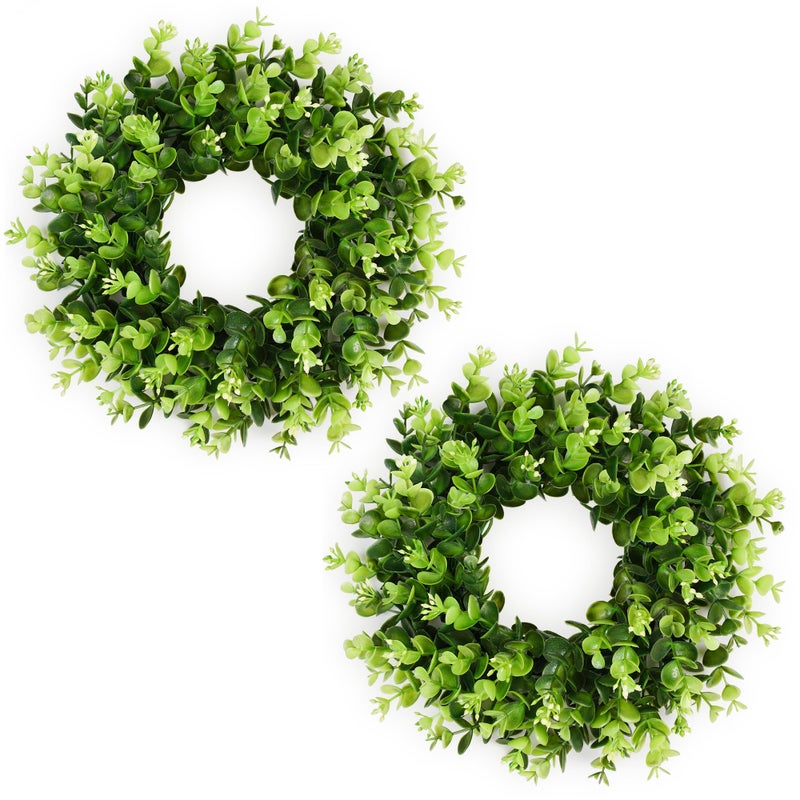 Vlorart 2Pcs Small Boxwood Wreath for Front Door, 11 Inch Wreath with Flower Buds Boxwood Wreaths Weatherproof, Spring Summer Mini Wreaths for Cabinets, Candle Garland for Table Window Indoor Outdoor - Image 1
