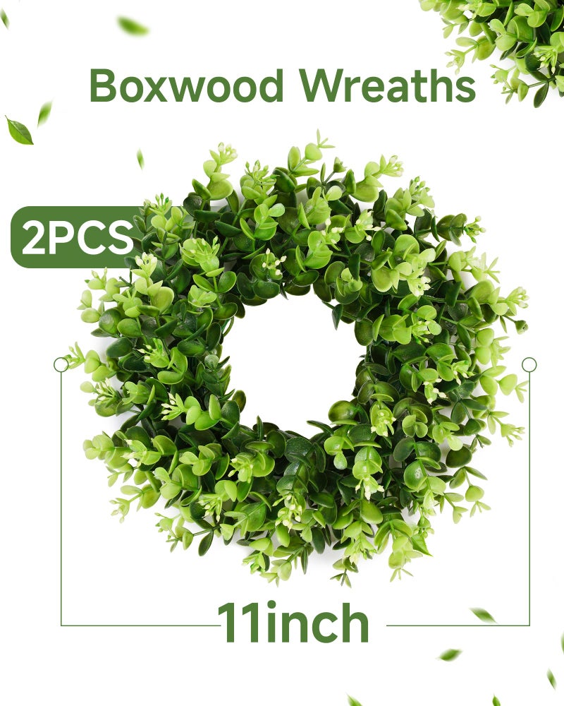 Vlorart 2Pcs Small Boxwood Wreath for Front Door, 11 Inch Wreath with Flower Buds Boxwood Wreaths Weatherproof, Spring Summer Mini Wreaths for Cabinets, Candle Garland for Table Window Indoor Outdoor - Image 2