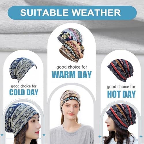 SHOPVILLA Bandanas for Women, Slouchy Chemo Beanie Cap for Women, Boho Print Bandanas Skull, Fashion Soft Stretch Chemo Scarf Helmet, Casual Saggy Head Scarves - All Seasons Use Dark Blue - Image 4