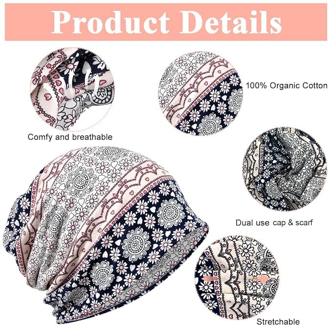 SHOPVILLA Bandanas for Women, Slouchy Chemo Beanie Cap for Women, Boho Print Bandanas Skull, Fashion Soft Stretch Chemo Scarf Helmet, Casual Saggy Head Scarves - All Seasons Use Dark Blue - Image 2