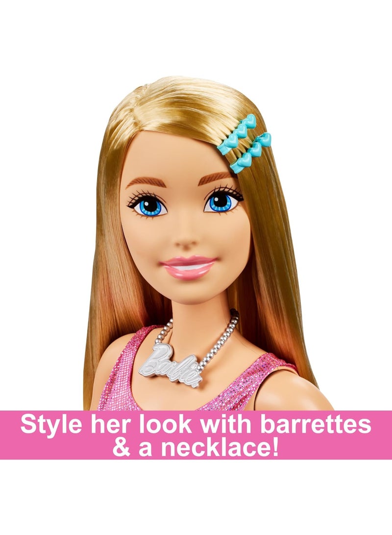 Barbie Large Barbie Doll, 28 Inches Tall, Blond Hair and Shimmery Pink Dress - HJY02 - Image 4