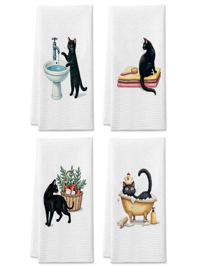 DETIHO Black Cat Hand Towel Set of 4, Funny Bathroom Cat Decorative Towels, Black Cats Gifts for Kids Friends Girls Teacher Adults, 16×24 Inch (A15) - Image 1