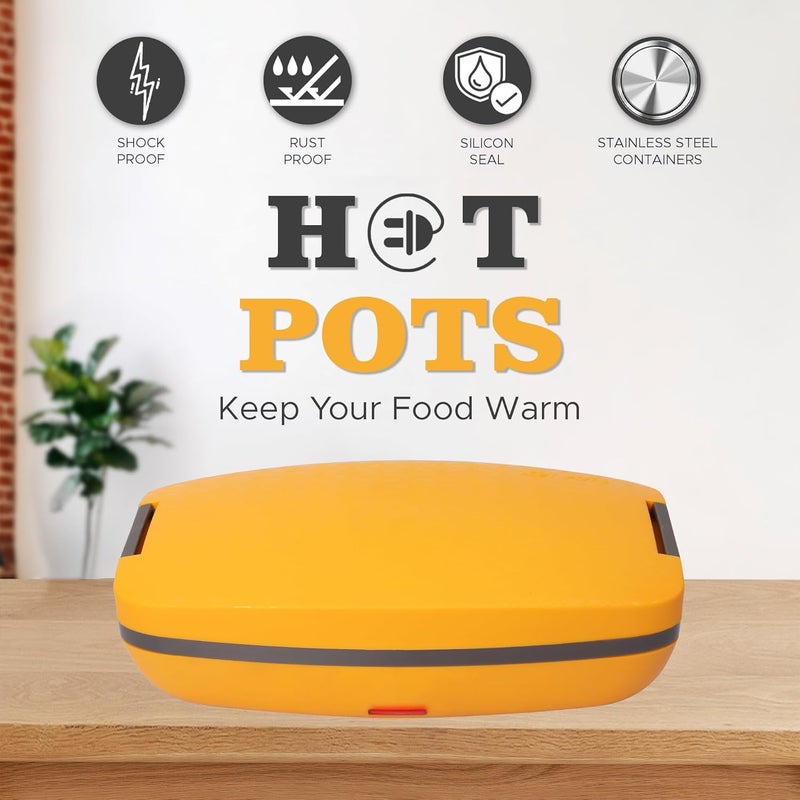 JAYPEE PLUS صندوق غداء كهربائي مع 2 حاويات ستانلس ستيل قابلة للإزالة 250 مل x2 مع سلك طاقة | فتحة تهوية في الغطاء | ختم سيليكون مانع للتسرب | مؤشر LED | مضاد للصدمات | أصفر - Image 5