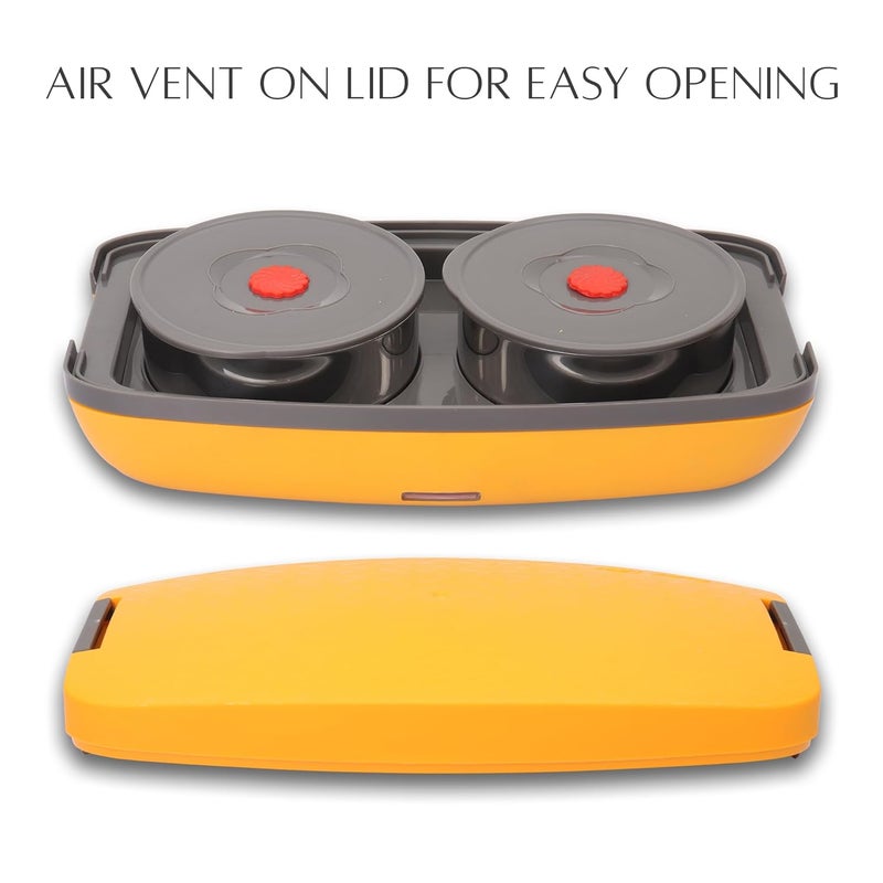 JAYPEE PLUS صندوق غداء كهربائي مع 2 حاويات ستانلس ستيل قابلة للإزالة 250 مل x2 مع سلك طاقة | فتحة تهوية في الغطاء | ختم سيليكون مانع للتسرب | مؤشر LED | مضاد للصدمات | أصفر - Image 3