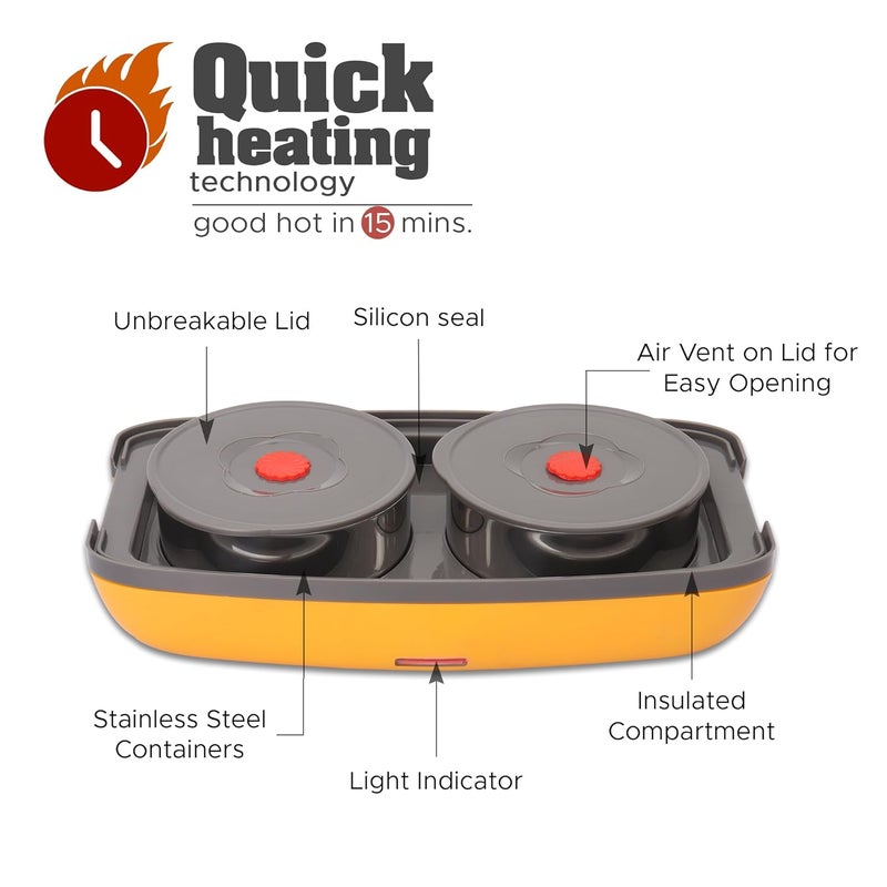 JAYPEE PLUS صندوق غداء كهربائي مع 2 حاويات ستانلس ستيل قابلة للإزالة 250 مل x2 مع سلك طاقة | فتحة تهوية في الغطاء | ختم سيليكون مانع للتسرب | مؤشر LED | مضاد للصدمات | أصفر - Image 4