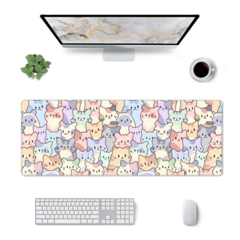 Gaming Mouse Pad 30 X 80 Cm Non-Slip Natural Rubber Base - Stitched Edge Extended Mousepad with Cute Cat Pattern for Gaming Setup - Image 2
