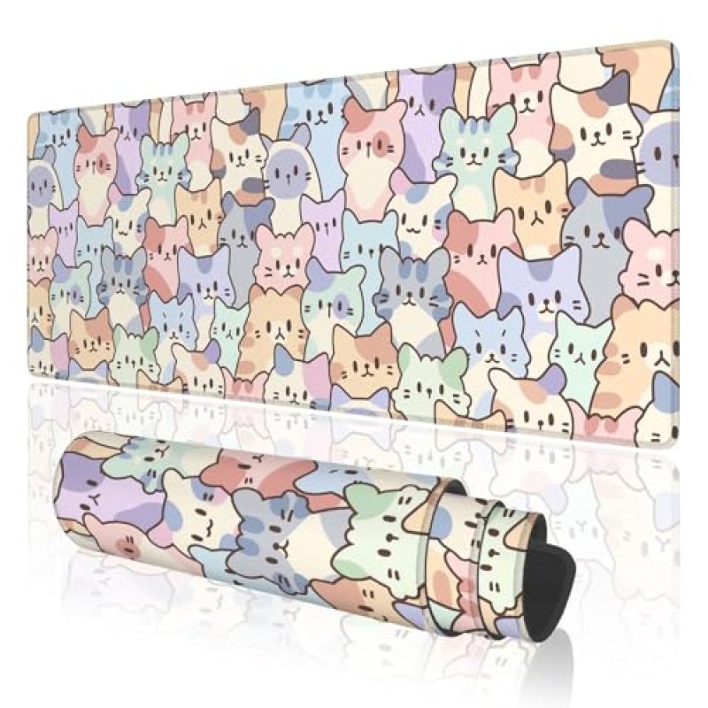 Gaming Mouse Pad 30 X 80 Cm Non-Slip Natural Rubber Base - Stitched Edge Extended Mousepad with Cute Cat Pattern for Gaming Setup - Image 1