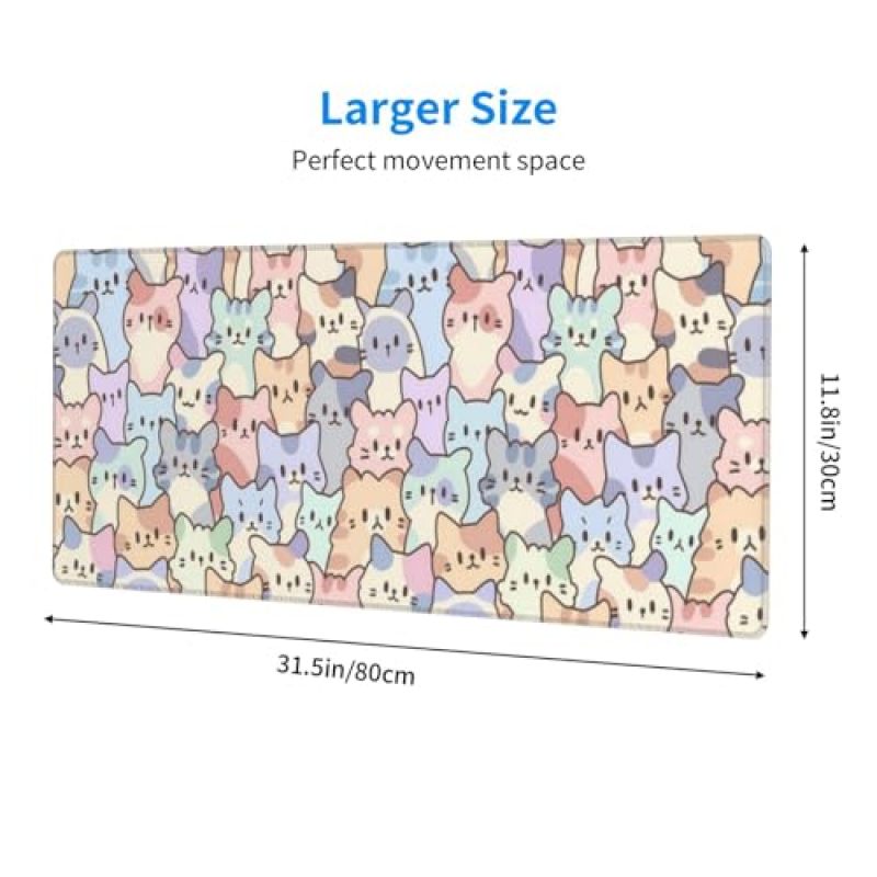 Gaming Mouse Pad 30 X 80 Cm Non-Slip Natural Rubber Base - Stitched Edge Extended Mousepad with Cute Cat Pattern for Gaming Setup - Image 3