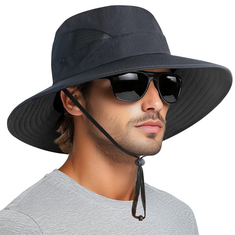 PFFY Sun Bucket Hats for Men Women 3â€ Wide Brim UPF 50+ Fishing & Beach Hat Black - Image 1