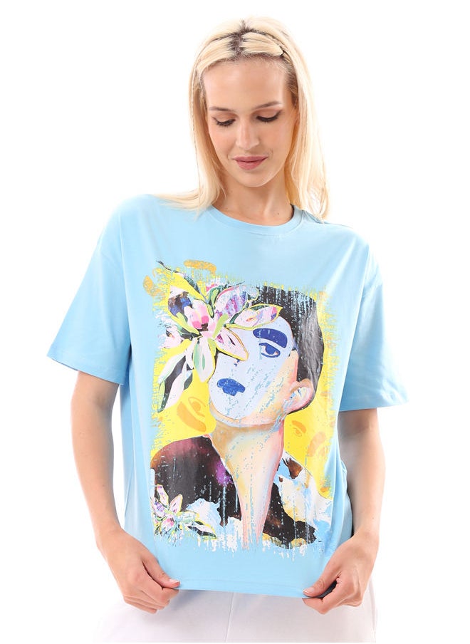 RAVIN - Light Blue Front Print Loose Tee - Image 1