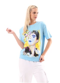 Light Blue Front Print Loose Tee