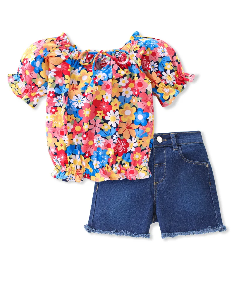 babyhug Babyhug 100% Cotton Knit Half Sleeves Top & Shorts With Floral Print - Yellow & Blue