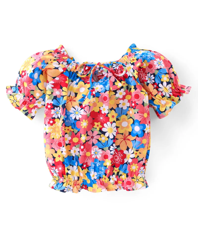 babyhug Babyhug 100% Cotton Knit Half Sleeves Top & Shorts With Floral Print - Yellow & Blue