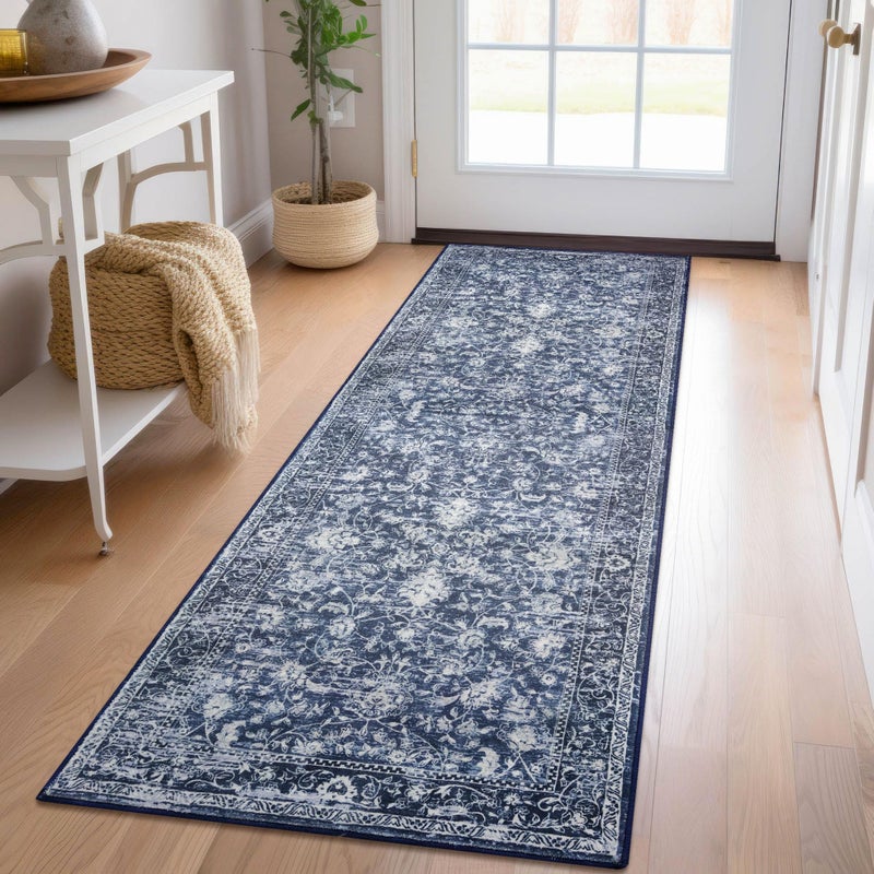 KILOCOCO Hallway Runner 2x6 Rug Runner Printed Vintage Floral Washable Kitchen Runners Non-Slip Rubber Backed Runners for Hallways Laundry Room Distressed Boho Rugs for Entryway Bedroom, Blue - Image 1