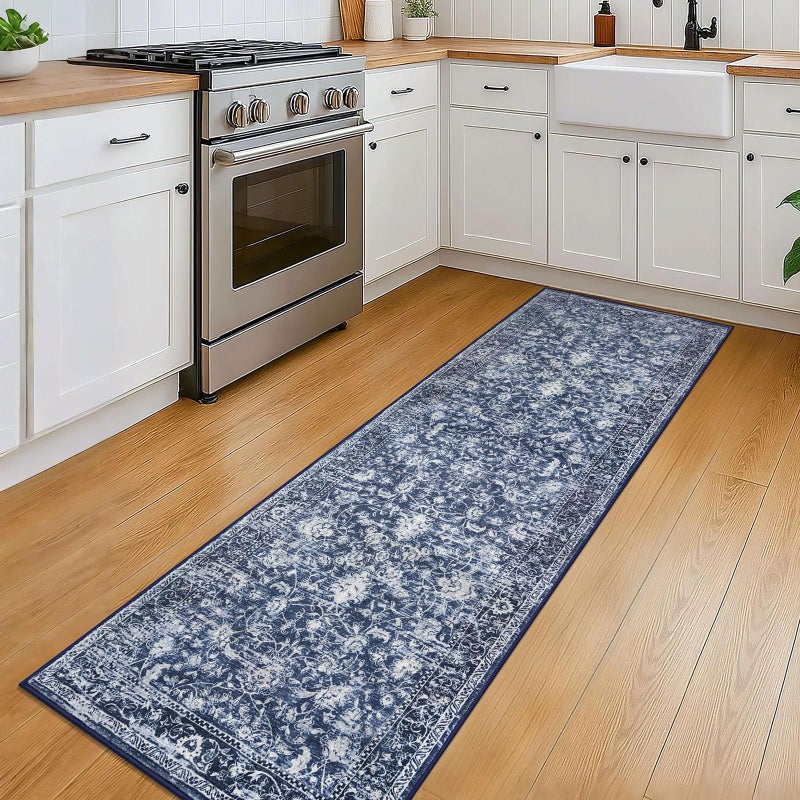 KILOCOCO Hallway Runner 2x6 Rug Runner Printed Vintage Floral Washable Kitchen Runners Non-Slip Rubber Backed Runners for Hallways Laundry Room Distressed Boho Rugs for Entryway Bedroom, Blue - Image 2