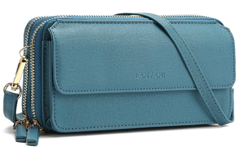 Lanyani Women Crossbody Wallet Purse, Small Phone Bag With Shoulder Strap, Ladies RFID Wristlet Cross Body Mini Handbag Lightweight Turquoise Fabric - Image 1
