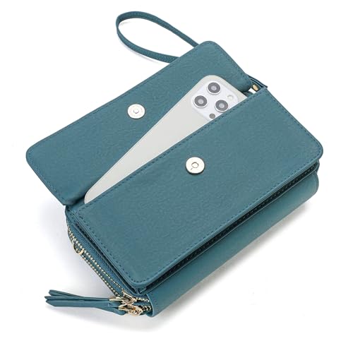 Lanyani Women Crossbody Wallet Purse, Small Phone Bag With Shoulder Strap, Ladies RFID Wristlet Cross Body Mini Handbag Lightweight Turquoise Fabric - Image 3