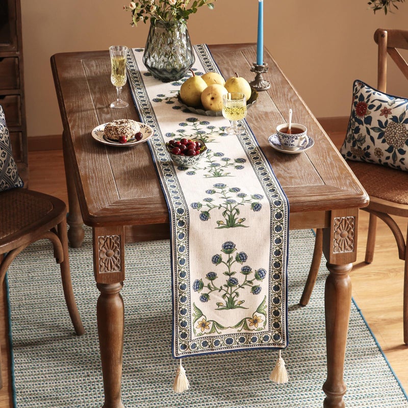 patdrea Designer Blue Rustic Elegant Floral Patterned Linen Table Runner 71 Inch Long,Wrinkle Resistant Table Mat,Decoration for Kitchen Dining and Coffee Tables Banquet Christmas , 12"x71" - Image 3
