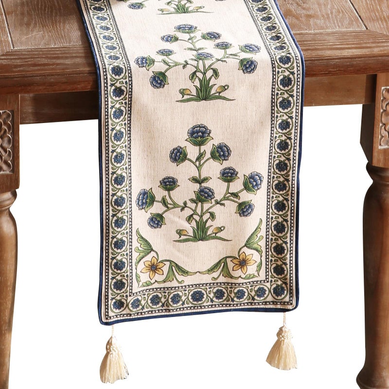 patdrea Designer Blue Rustic Elegant Floral Patterned Linen Table Runner 71 Inch Long,Wrinkle Resistant Table Mat,Decoration for Kitchen Dining and Coffee Tables Banquet Christmas , 12"x71" - Image 1