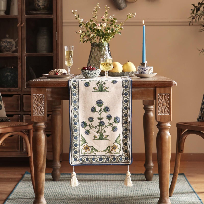 patdrea Designer Blue Rustic Elegant Floral Patterned Linen Table Runner 71 Inch Long,Wrinkle Resistant Table Mat,Decoration for Kitchen Dining and Coffee Tables Banquet Christmas , 12"x71" - Image 2