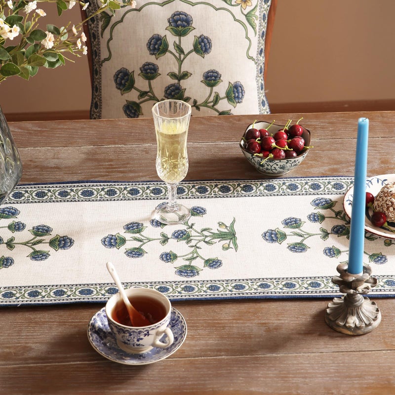 patdrea Designer Blue Rustic Elegant Floral Patterned Linen Table Runner 71 Inch Long,Wrinkle Resistant Table Mat,Decoration for Kitchen Dining and Coffee Tables Banquet Christmas , 12"x71" - Image 4