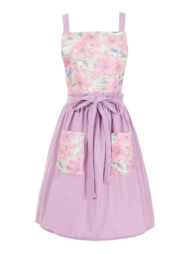 Pinknoke Vintage Pinafore Apron Dress for Women with Pockets Cute Floral Chef Aprons for Kitchen Cooking Baking Gardening Pastel Purple - Image 1
