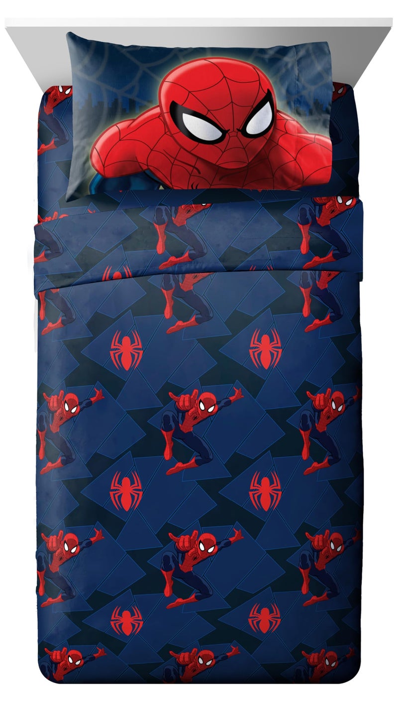 Jay Franco Kids Sheet Set with Fitted, Flat Sheets & Pillow Cover - Ultra-Soft Bedding with Pillowcase for Room Decor, Blue - Spiderman, 4 Piece Full - Image 1