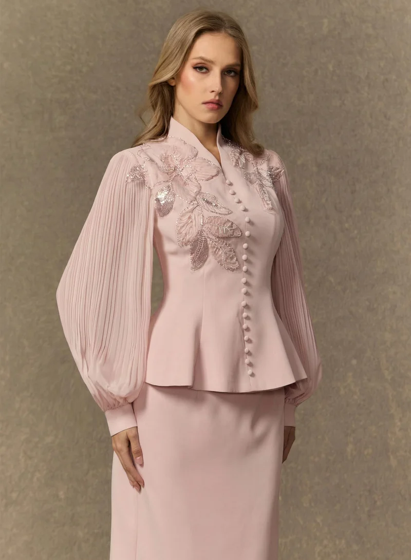 Sunfere Pink Dressed To Dazzle White Floral Embroidery Pleated Sleeve Skirt Set for Women | Best Price UAE