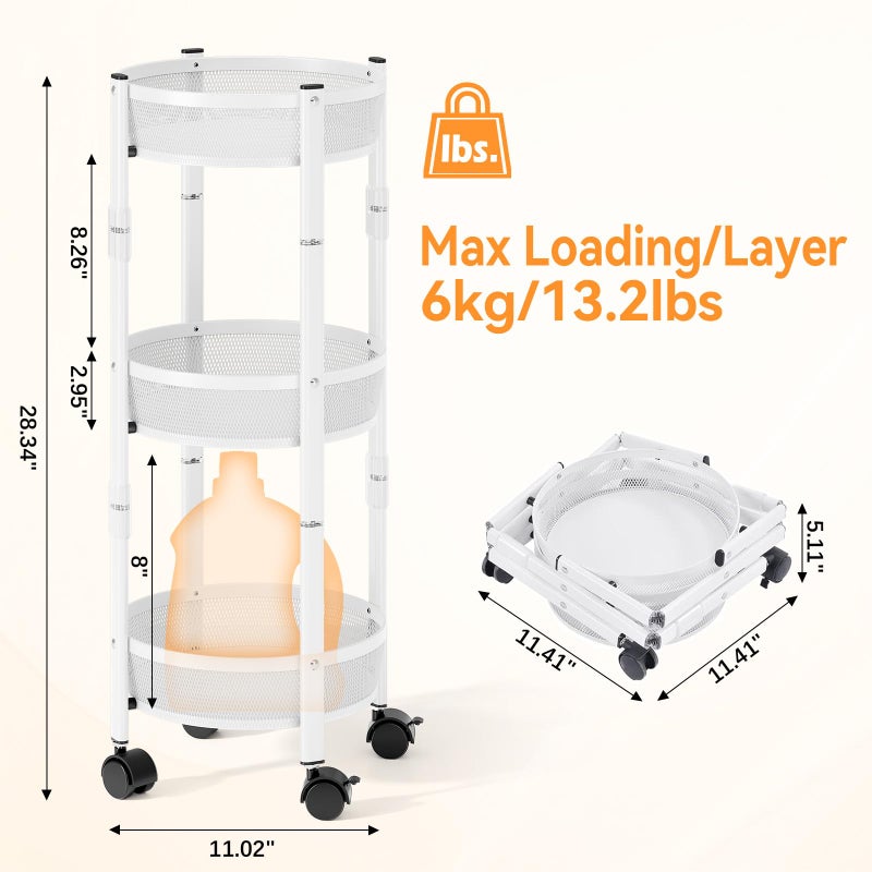TOOLF 3-Tier Foldable Rolling Cart, Collapsible Metal Utility Cart with Wheels, No Assemble, Multifunction Storage Organizer Trolley for Kitchen, Bathroom, Dorm, Nursery, White - Image 2