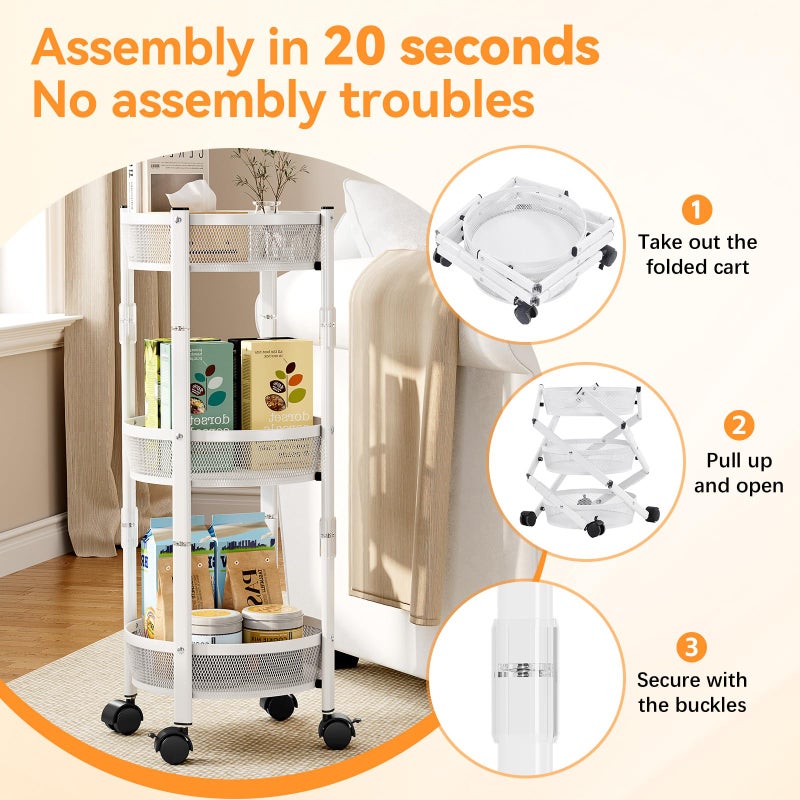 TOOLF 3-Tier Foldable Rolling Cart, Collapsible Metal Utility Cart with Wheels, No Assemble, Multifunction Storage Organizer Trolley for Kitchen, Bathroom, Dorm, Nursery, White - Image 3