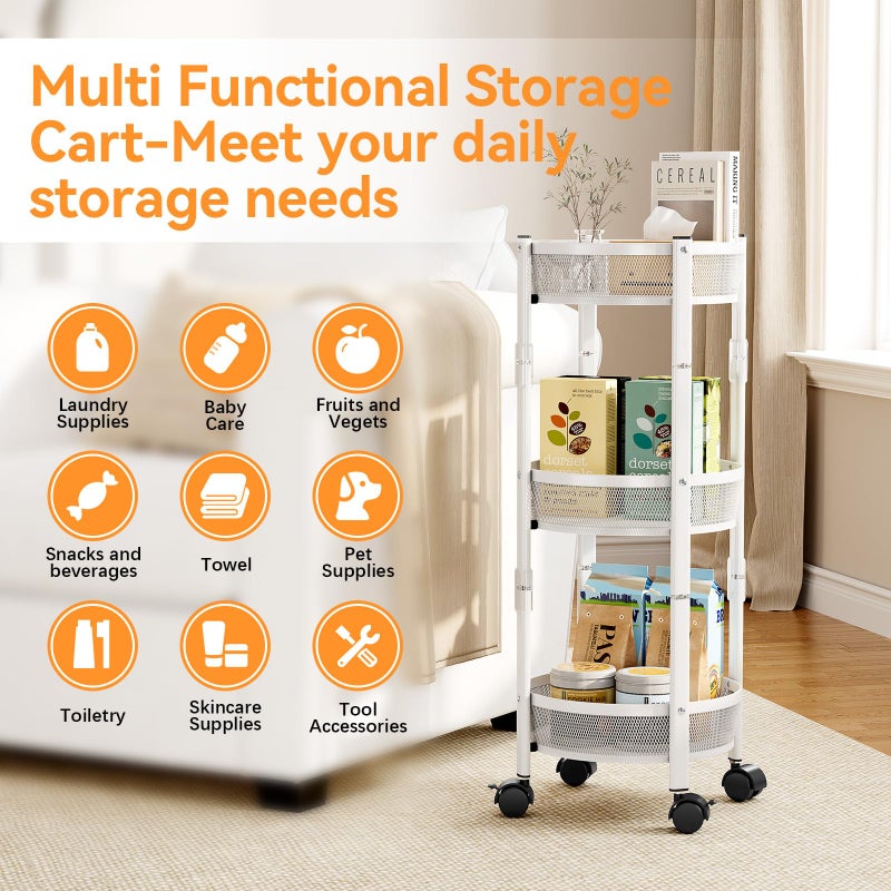 TOOLF 3-Tier Foldable Rolling Cart, Collapsible Metal Utility Cart with Wheels, No Assemble, Multifunction Storage Organizer Trolley for Kitchen, Bathroom, Dorm, Nursery, White - Image 5
